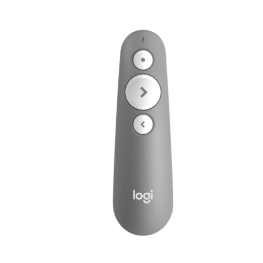 Gray remote control with Logitech logo on a white background